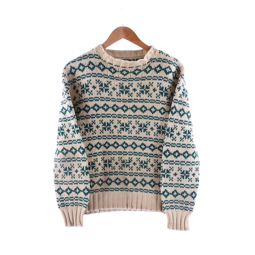 Vintage 60s Womens Small Wool Knit Sweater Green Cream Fair Isle Geometric